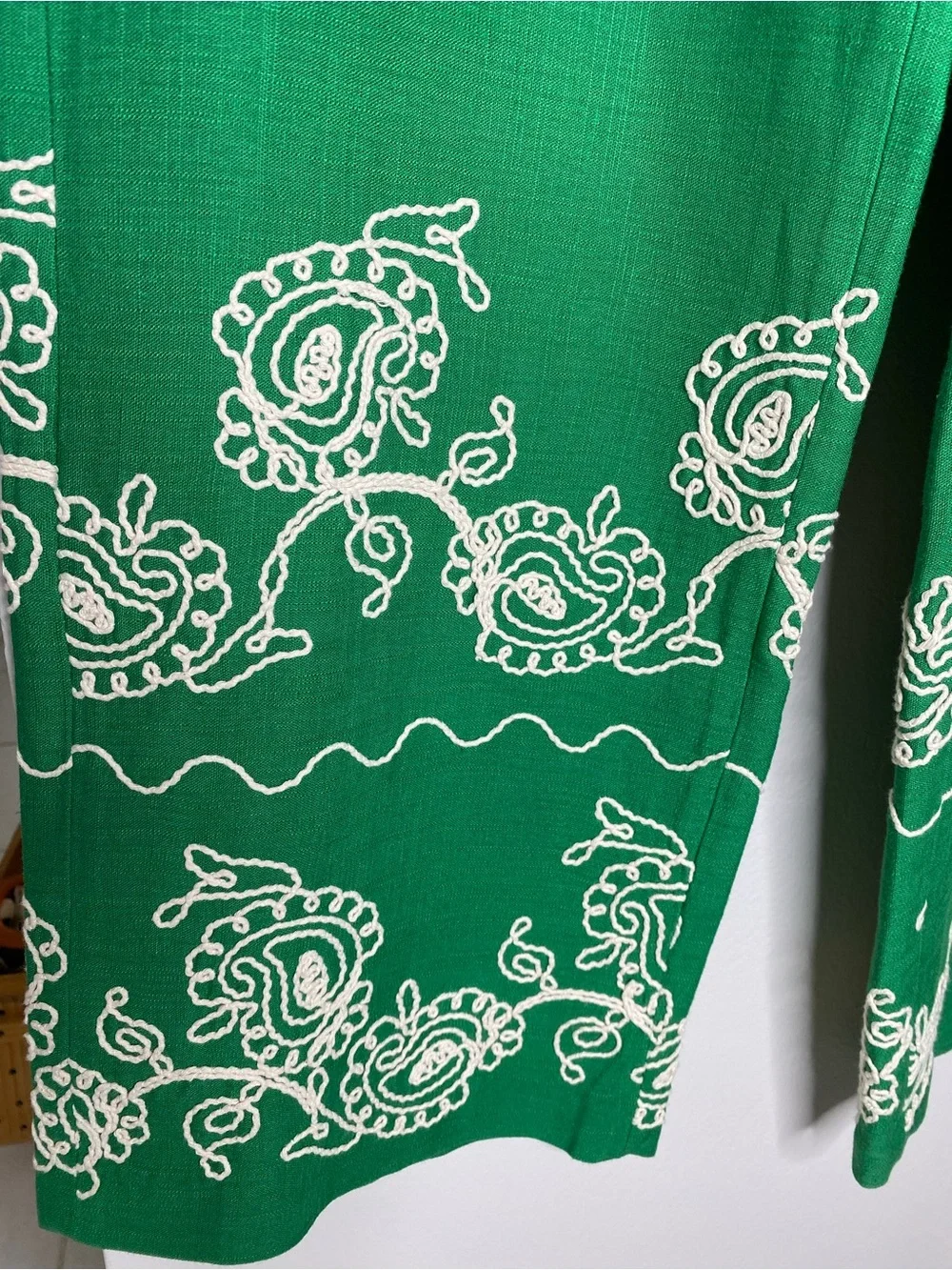 NWT! Zara Emerald Green Embroidered Wide Leg Linen Blend Trousers Pants - Size S